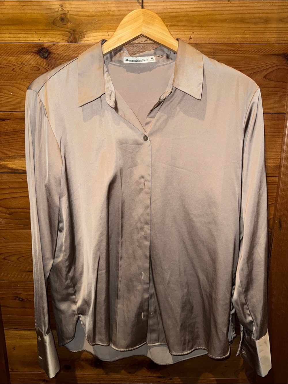 Abercrombie & Fitch Men's Satin Light Taupe Button-Down Shirt